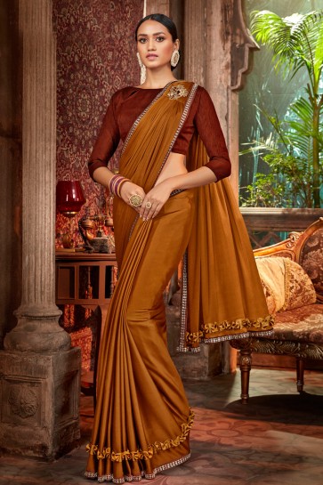 Classy Coffee Embroidred And Lace Work Satin And Silk Flare Saree With Banglori Silk Blouse