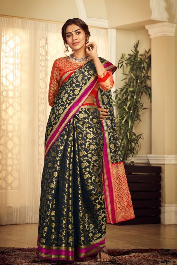 Appealing Black Weaving Work And Jacquard Work Silk Saree And Blouse