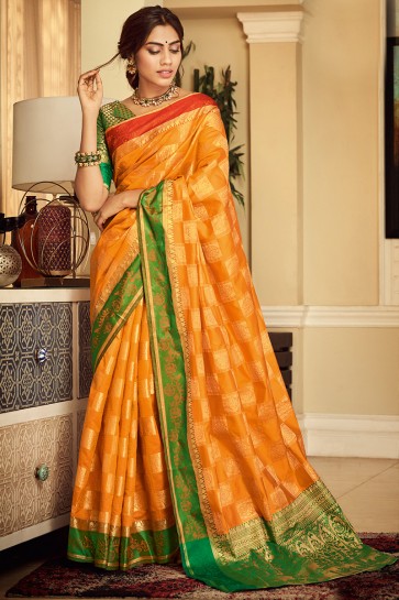 Party Wear Yellow Weaving Work And Jacquard Work Silk Saree And Blouse