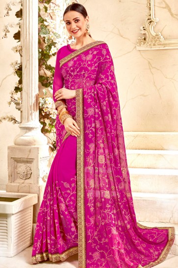Appealing Border Work And Lace Work Pink Solid Saree With Georgette Blouse