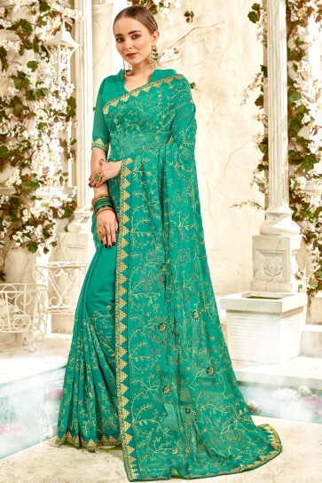 Delightful Georgette Fabric Green Border And Embroidery Work Saree And Blouse