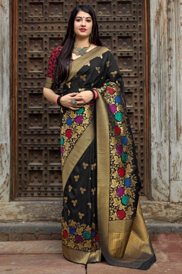 Banarasi Silk Fabric Jacquard And Weaving Work Designer Black Saree And Blouse