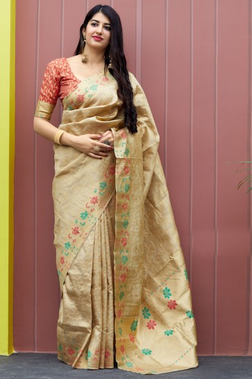 Beige Banarasi Silk Fabric Designer Weaving Work And Jacquard Work Saree And Blouse