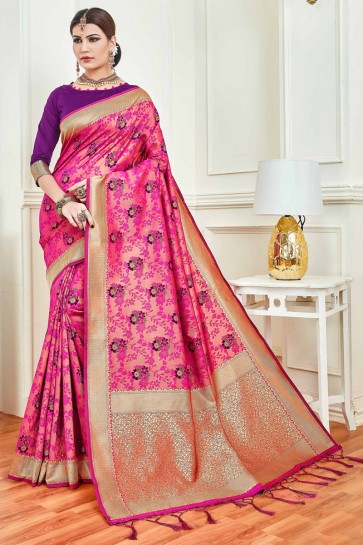 Pink Jacquard Work And Weaving Work Art Silk Saree And Blouse