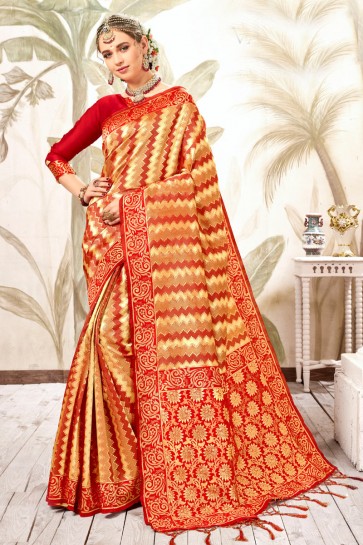 Stunning Golden Weaving Work And Jacquard Work Silk Saree And Blouse
