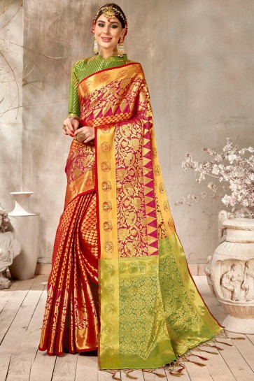 Lovely Red Weaving Work And Jacquard Work Silk Saree And Blouse