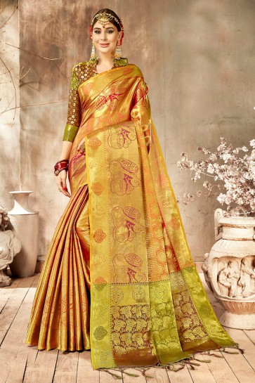 Delightful Weaving Work And Jacquard Work Golden Silk Saree And Blouse