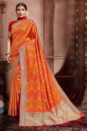 Awesome Orange Weaving Work Designer Silk Fabric Saree With Border Work Blouse