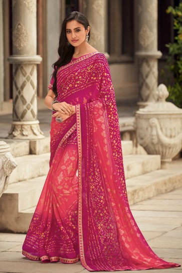 Chiffon Fabric Embroidered Designer Pink Saree And Blouse