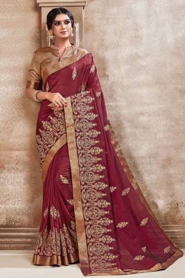 Embroidered Designer Silk Fabric Maroon Saree With Border Work Blouse