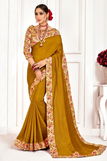 Charming Khaki Printed And Stone Work Designer Silk Fabric Saree With Border Work Blouse