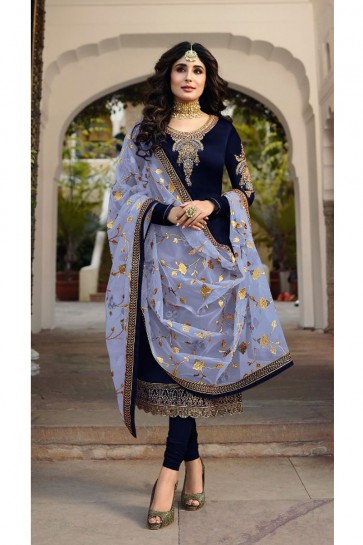 Kritika Kamra Navy Blue Embroidered And Stone Work Georgette Satin Salwar Suit With Net Dupatta