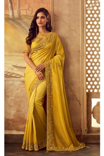 Yellow Silk Fabric Border Work Designer Superb Saree And Blouse