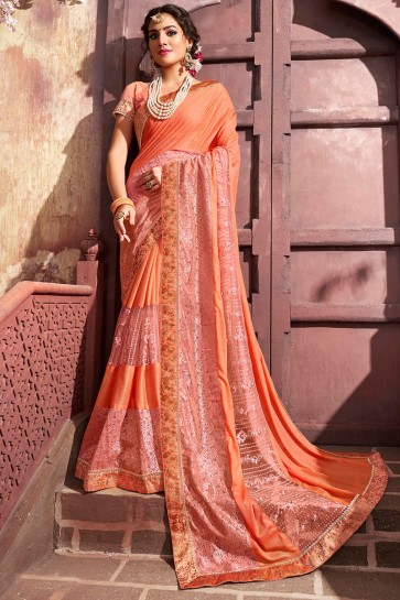 Embroidered Designer Orange Lycra Fabric Saree And Blouse