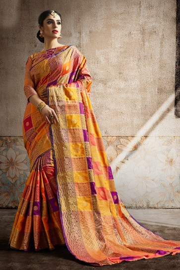 Multicolor Weaving Work And Jaquard Work Designer Silk Fabric Saree And Blouse