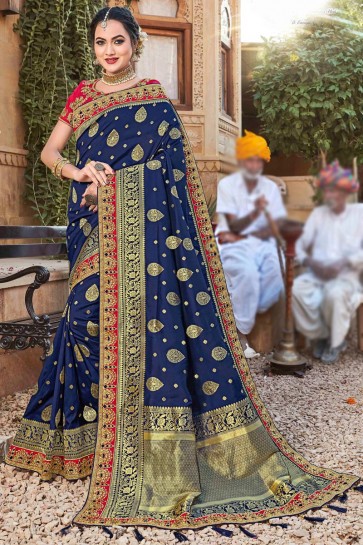 Heavy Designer Embroidered And Weaving Work Navy Blue Weaving Silk Fabric Saree And Blouse