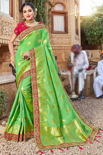 Gorgeous Light Green Stone Work And Weaving Work Weaving Silk Fabric Saree And Blouse
