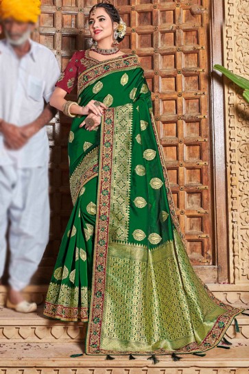 Green Weaving Work And Embroidered Weaving Silk Fabric Saree And Blouse