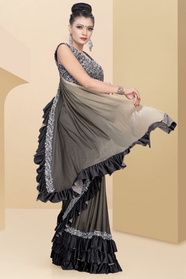 Party Wear Grey Lycra Fabric Thread And Sequins Work Designer Flare Saree With Velvet Blouse