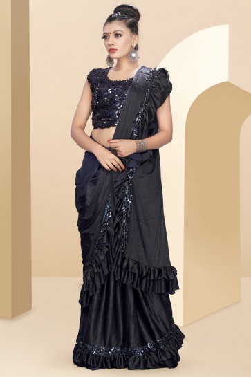 Heavy Designer Black Lycra Fabric Thread And Sequins Work Flare Saree With Art Silk Blouse