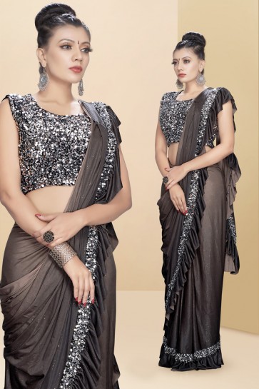 Splendid Charcoal Sequins Work And Thread Work Lycra Fabric Flare Saree With Velvet Blouse