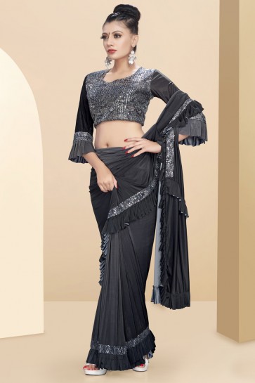 Delicate Sequins And Thread Work Grey Lycra Flare Saree With Art Silk Blouse