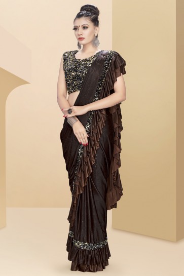 Coffee Lycra Fabric Sequins And Thread Work Designer Flare Saree With Velvet Blouse