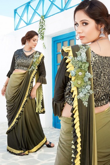 Mehendi Green Sequins And Thread Work Lycra Fabric Flare Designer Saree And Blouse