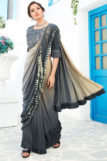 Lycra Fabric Grey Sequins And Thread Work Designer Flare Saree And Blouse
