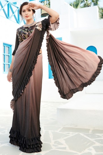 Thread Work And Sequins Work Brown Lycra Fabric Flare Designer Saree And Blouse