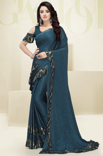Fascinating Teal Flare Work Designer Imported Fabric Saree And Blouse