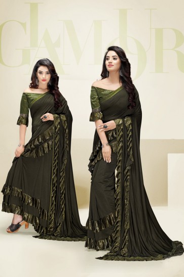 Imported Fabric Flare Designer Mehendi Green Stylish Saree And Blouse