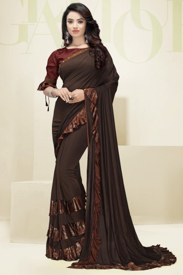 Designer Flare Work Imported Fabric Coffee Saree And Blouse