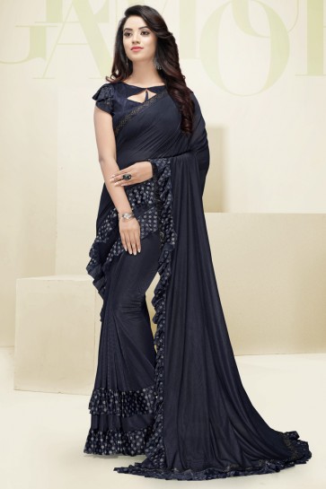 Flare Work Designer Imported Fabric Navy Blue Beautiful Saree And Blouse