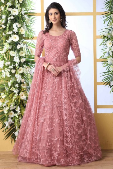 Party Wear Net Fabric Pink Stone And Thread Work Abaya Style Anarkali Suit With Net Dupatta