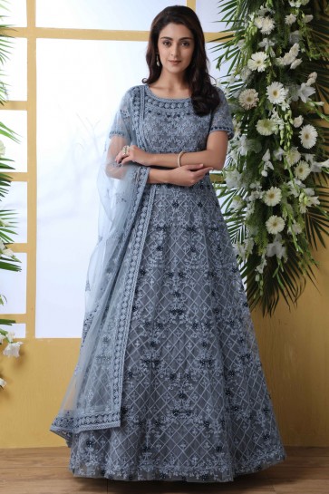 Grey Net Fabric Embroidery And Stone Work Abaya Style Anarkali Suit With Net Dupatta