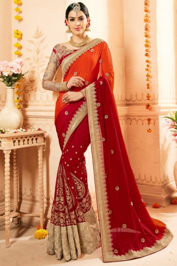 Red Embroidery And Thread Work Faux Georgette And Net Fabric Saree And Blouse