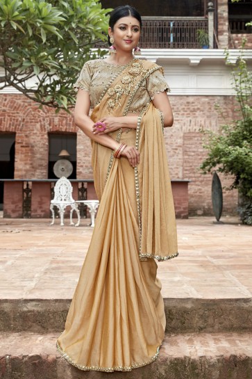 Golden Border And Lace Work Designer Chinon Chiffon0 Fabric Saree With Beads Work Blouse