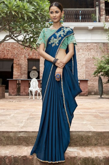 Blue Lace And Border Work Designer Chinon Chiffon Fabric Saree With Embroidered Blouse