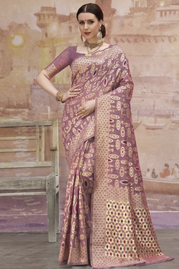 Purple Cotton Fabric Zari And Weaving Work Designer Saree And Blouse