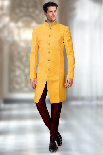 Jacquard Fabric Yellow Indo Western With Art Silk Bottom