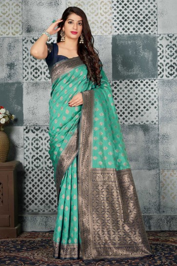 Banarasi Silk Fabric Weaving Work Designer Sea Green Lovely Saree And Blouse