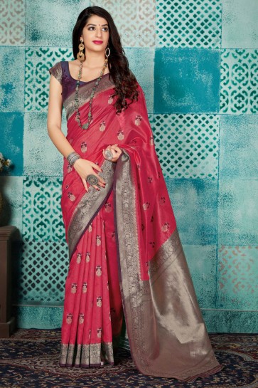 Banarasi Silk Fabric Pink Weaving Work Designer Saree And Blouse