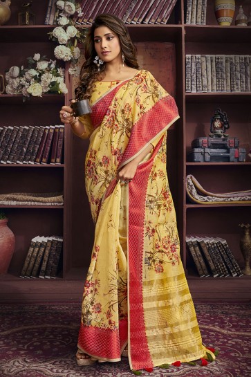 Cotton Fabric Digital Print Designer Yellow Lovely Saree And Blouse