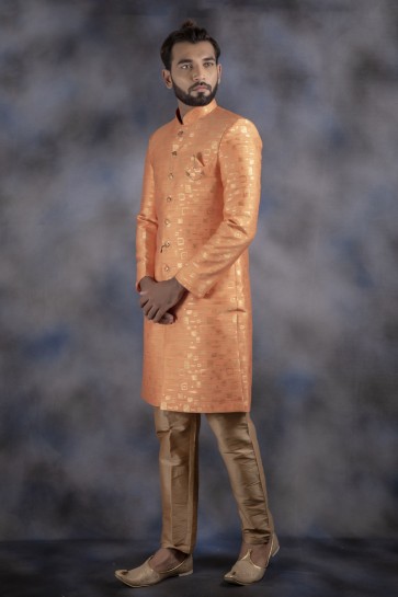 Designer Orange Jacquard Fabric Indo Western With Dhupion Bottom