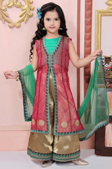 Green And Pink Brocade Embroidered Plazzo Suit Net Dupatta