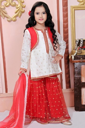 Net Designer White Embroidered Plazzo Suit And Dupatta