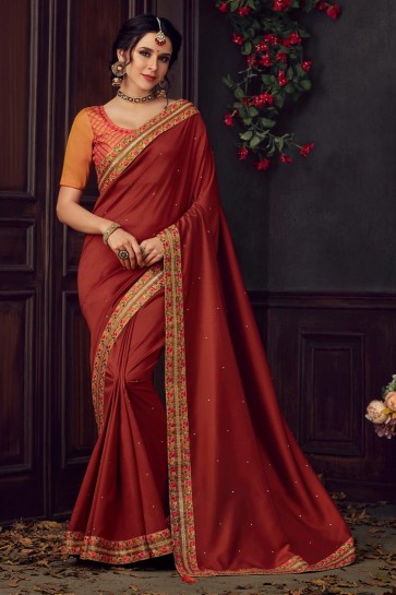 Embroidered And Stone Work Maroon Silk Fabric Saree And Blouse