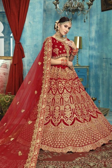Designer Red Velvet Fabric Embroidered And Stone Work Lehenga Choli With Net Dupatta