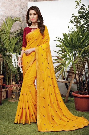 Yellow Georgette Satin Fabric Embroidered Designer Saree And Blouse